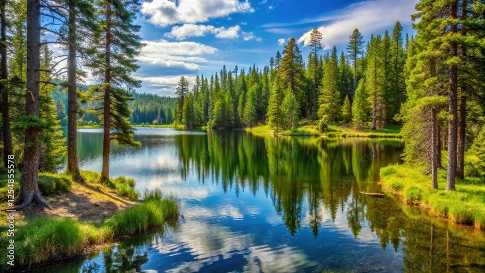Forest Lake Scene with Pine Trees, forest view, pine trees, forest view, pine trees, water activity, boats Forest Lake Scene with Pine Trees, forest view, pine trees, forest view, pine trees, water activity, boats