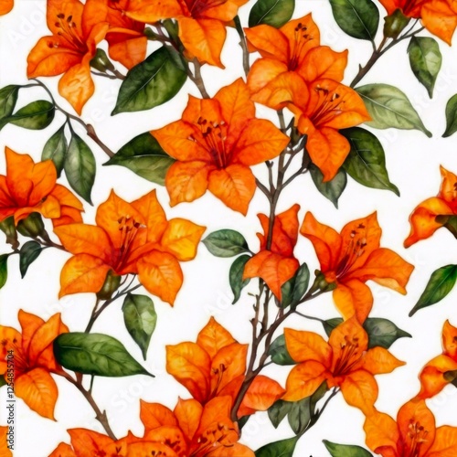 Orange Watercolor Bougainvillea Pattern Flower Floral Pattern on White Background