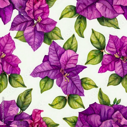Purple Watercolor Bougainvillea Pattern Flower Floral Pattern on White Background