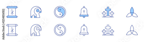 Spirituality icon set in two styles, Duotone and Thin Line style. Editable stroke. bell, cross, holy trinity, parchment, ra, yin yang photo