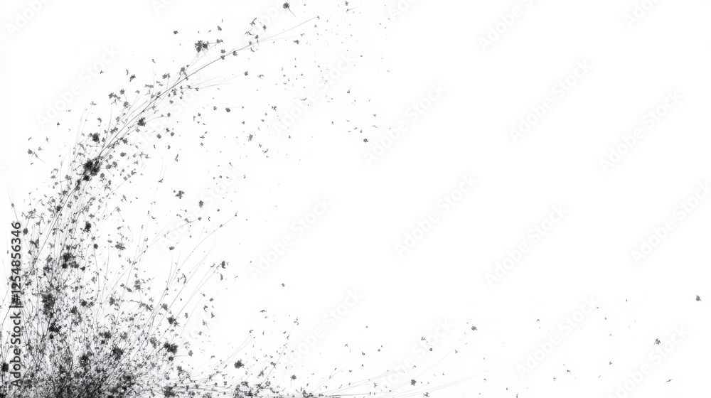 Fototapeta premium Abstract Chaotic Dark Twigs and Spots Forming a Curved Pattern Against a White Backdrop