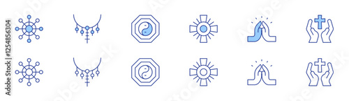Spirituality icon set in two styles, Duotone and Thin Line style. Editable stroke. cross, dharma, pray, rosary, taoism