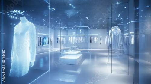 Luxury boutique with augmented reality displays, glowing virtual mannequins, premium retail interior, floating digital fashion elements, interactive smart glass technology, modern shopping