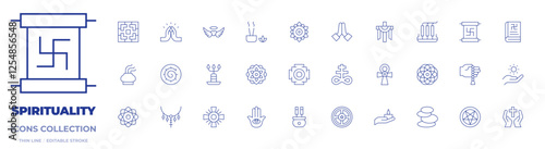 Spirituality icons collection. Thin Line icons, editable stroke. angel, ankh, candle, cross, incense, incense therapy, mandala, pray, satanism, scroll, spiritual