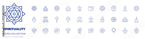 Spirituality icons collection. Thin Line icons, editable stroke. anahata, angel, bell, bible, blessing, butter lamp, church, cross, incense, mala, mandala, pope crown, pope, religion, spiritual