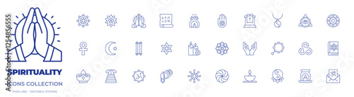 Spirituality icons collection. Thin Line icons, editable stroke. ankh, aromatherapy, candles, dharma wheel, islam, mandala, pray, scripture, scroll, star of david