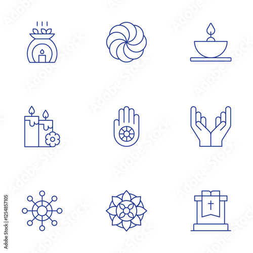 Spirituality icons set. Thin Line style, editable stroke. aromatherapy, candles, dharma, hetanism, jainism, mandala, oil lamp, praying, sermon