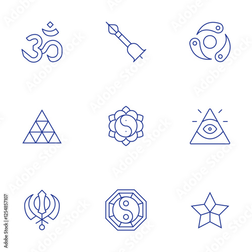 Spirituality icons set. Thin Line style, editable stroke. ayurveda, caodaism, druze, om, pythagoreanism, sikhism, tibetan, yin yang