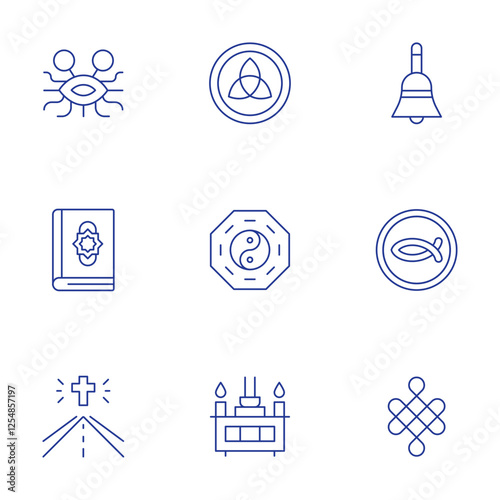 Spirituality icons set. Thin Line style, editable stroke. bell, christianity, endless knot, pastafarianism, quran, spiritual, triqueta, worship, yin yang