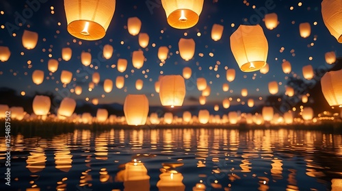 A breathtaking festival of sky lanterns floating gracefully over a calm lake, their golden glow reflecting beautifully on the water, creating a peaceful and enchanting nighttime scene

 photo