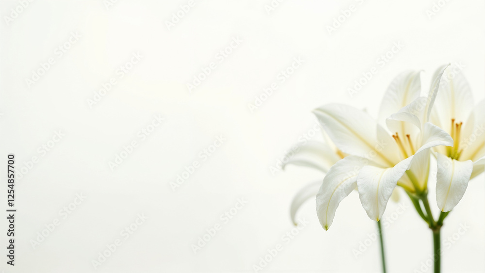 Fototapeta premium Elegant white lilies placed on a white background show off their delicate beauty in a tranquil setting.