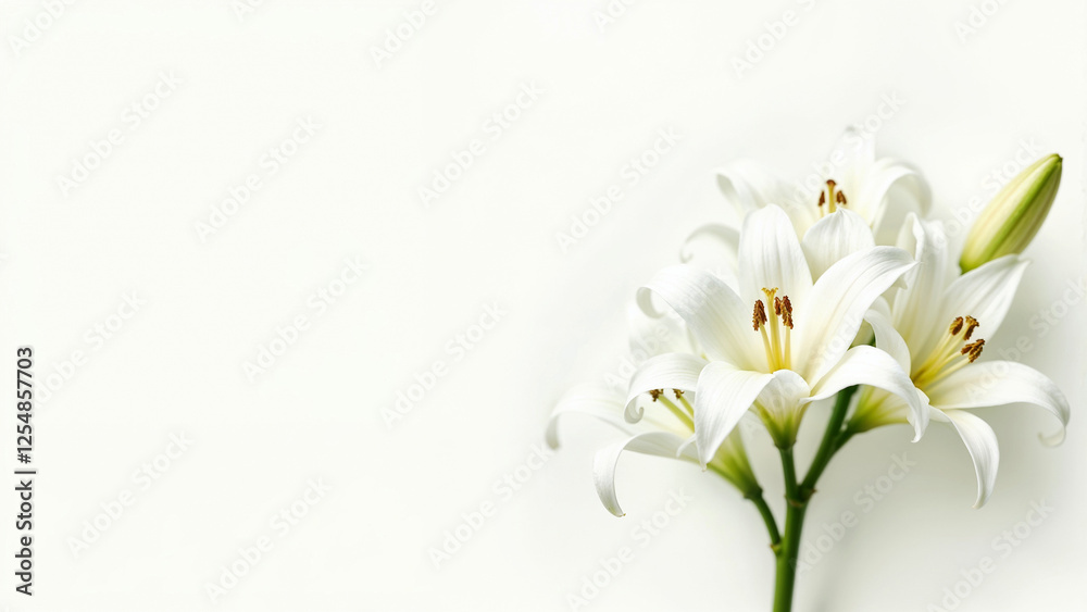 Fototapeta premium Elegant white lilies placed on a white background show off their delicate beauty in a tranquil setting.