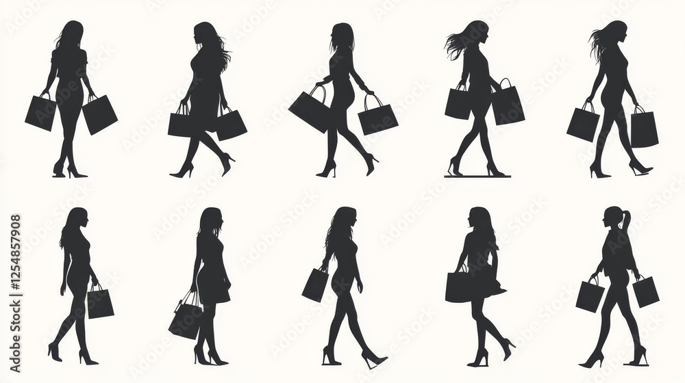 Fototapeta premium modern shopping pictogram collection, stylish woman silhouettes, multiple walking poses, retail bags set, fashion figure illustrations, monochrome icon series, simple graphic design