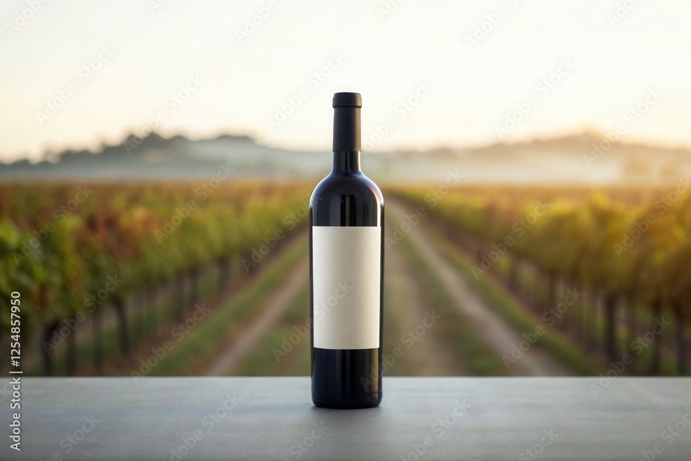 Fototapeta premium Bottle of wine mockup with blurred vineyard background, Blank label on wine bottle with winery farm in the morning