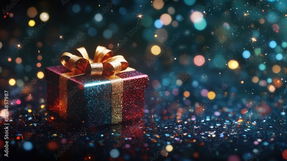 A festive scene of a gift box with scattered confetti and glowing sparkles, set against a rich, dark background A festive scene of a gift box with scattered confetti and glowing sparkles, set against a rich, dark background