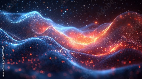 Abstract digital wave, glowing particles, dark background, futuristic design, possible use for technology or space themes photo