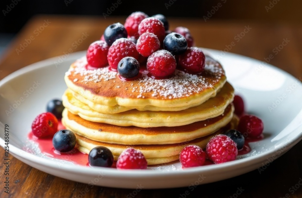 Delicious pancakes with berries on plate on the table for breakfast Delicious pancakes with berries on plate on the table for breakfast