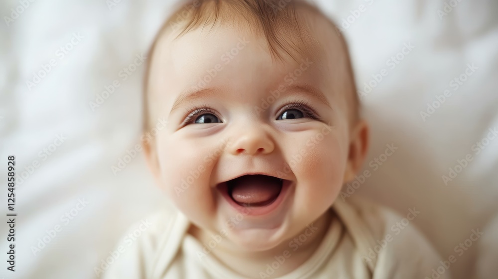 Close up portrait of a joyful baby with a wide, toothless smile and bright eyes, capturing pure happiness and innocence against a soft background Close up portrait of a joyful baby with a wide, toothless smile and bright eyes, capturing pure happiness and innocence against a soft background