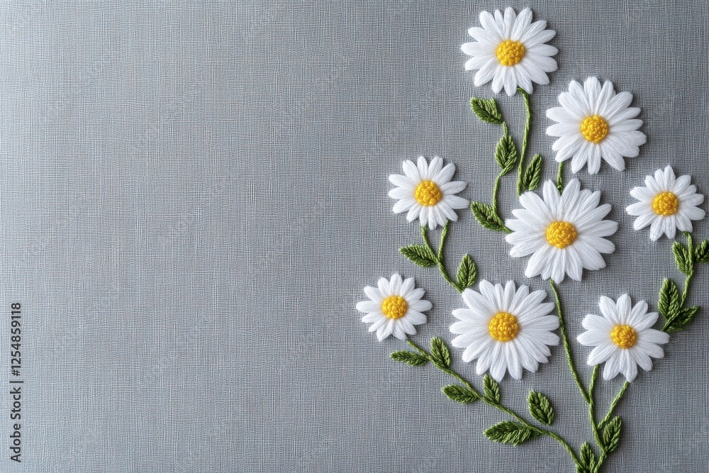 Obraz premium White Daisy Embroidery on Soft Grey Fabric Background