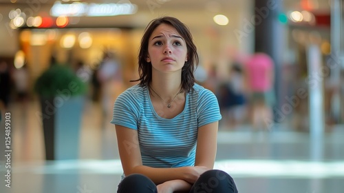 Retail therapy aftermath, young shopper in distress pose, light blue striped shirt, busy mall background, blurred storefront windows, natural sitting pose, documentary style photography