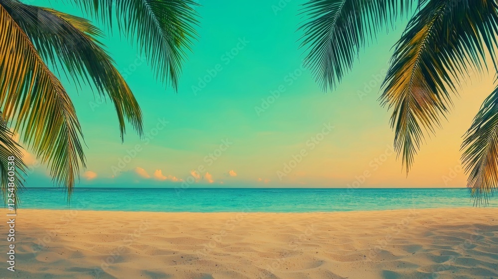 Obraz premium Idyllic Tropical Beach Sunset Palm Trees Frame Ocean View
