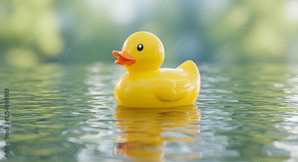 Yellow Rubber Duck Floating on Water Surface with Soft Green Background Yellow Rubber Duck Floating on Water Surface with Soft Green Background
