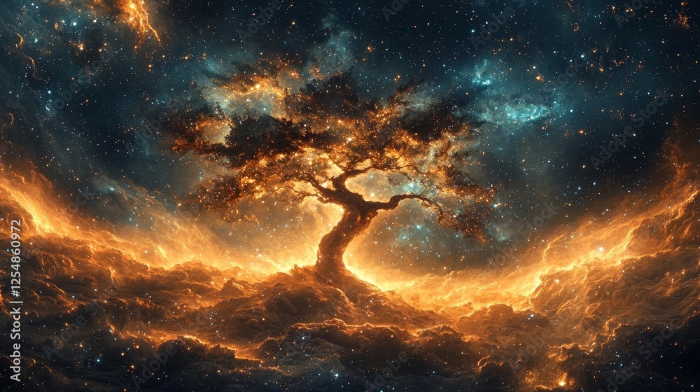 Glowing Cosmic Tree Nebula Vibrant Interstellar Landscape of Swirling Gases and Luminous Branches Glowing Cosmic Tree Nebula Vibrant Interstellar Landscape of Swirling Gases and Luminous Branches