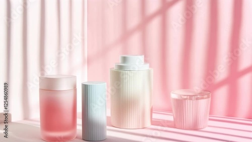 Row of four glass containers, each with a different color, are lined up on a table. The containers are all different shapes and sizes, and they appear to be filled with various liquids