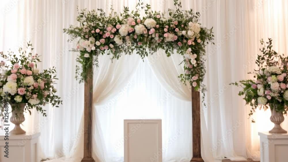 Wedding ceremony is taking place in a large room with a white curtain and a white arch. The room is decorated with white flowers and vases, and there are chairs set up for the guests Wedding ceremony is taking place in a large room with a white curtain and a white arch. The room is decorated with white flowers and vases, and there are chairs set up for the guests