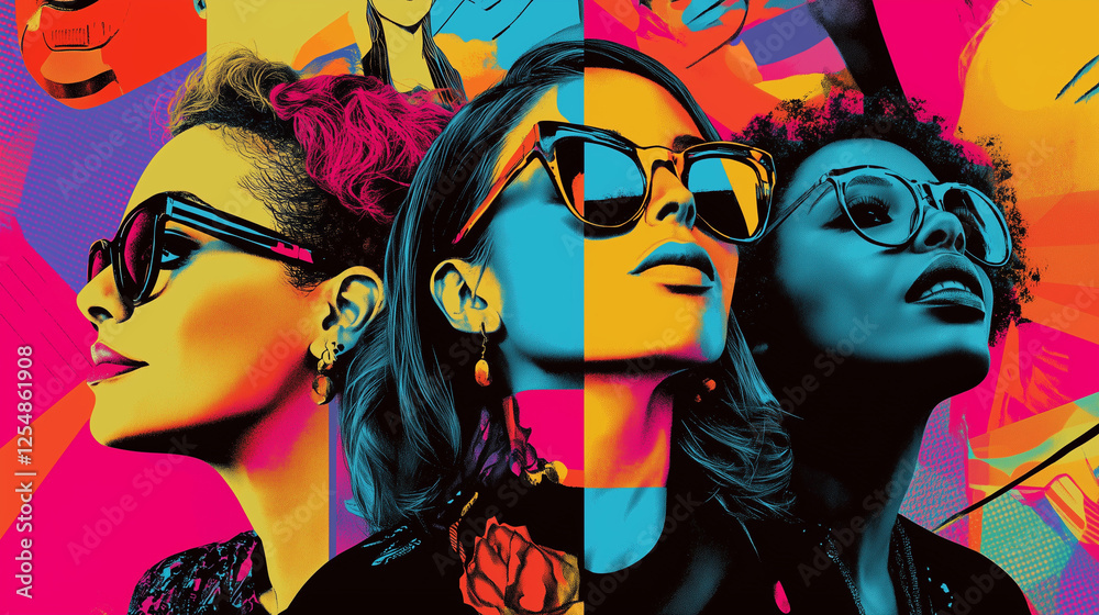 Fototapeta premium International Women's Day. Dynamic pop art-style portrait of four fashionable women in bold patterns and sunglasses, celebrating style, diversity, unity and creative expression. 