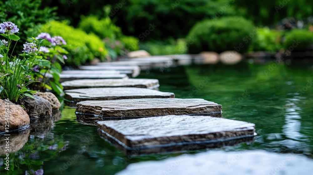 Serene stone path across tranquil pond, lush garden background; meditation, relaxation