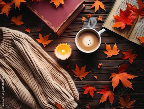 A cozy autumn scene featuring a steaming cup of coffee, warm knitted sleeves, fallen maple leaves, and vintage books on a rustic wooden table, evoking warmth, comfort, and seasonal nostalgia

 photo