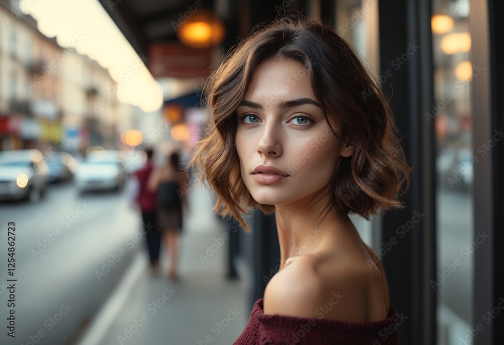 A woman with short, wavy brown hair, wearing a burgundy off-shoulder top A woman with short, wavy brown hair, wearing a burgundy off-shoulder top