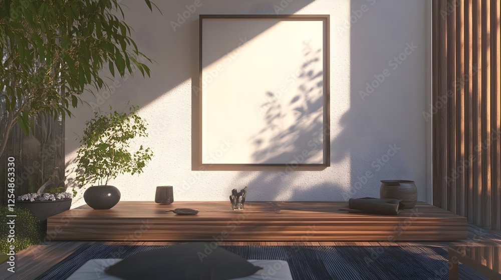 Fototapeta premium A modern Zen-inspired home with a white frame above a floating wooden shelf.