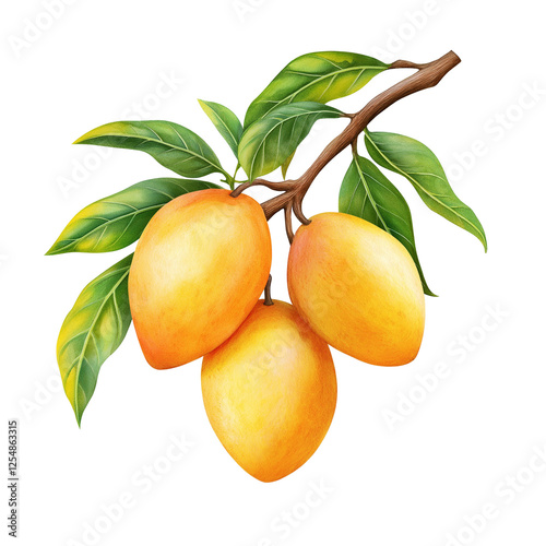 mango fruit on a branch with leaves isolated on transparent white background, clipping path
