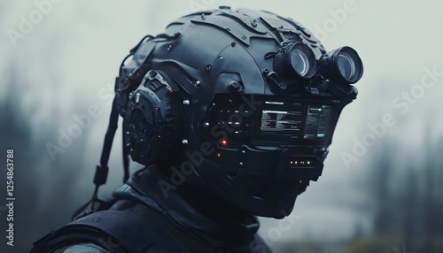 Futuristic soldier wearing high tech helmet stands in foggy landscape