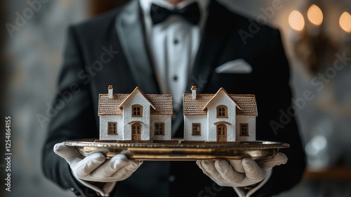 Butler holding miniature homes on tray, luxury, interior photo