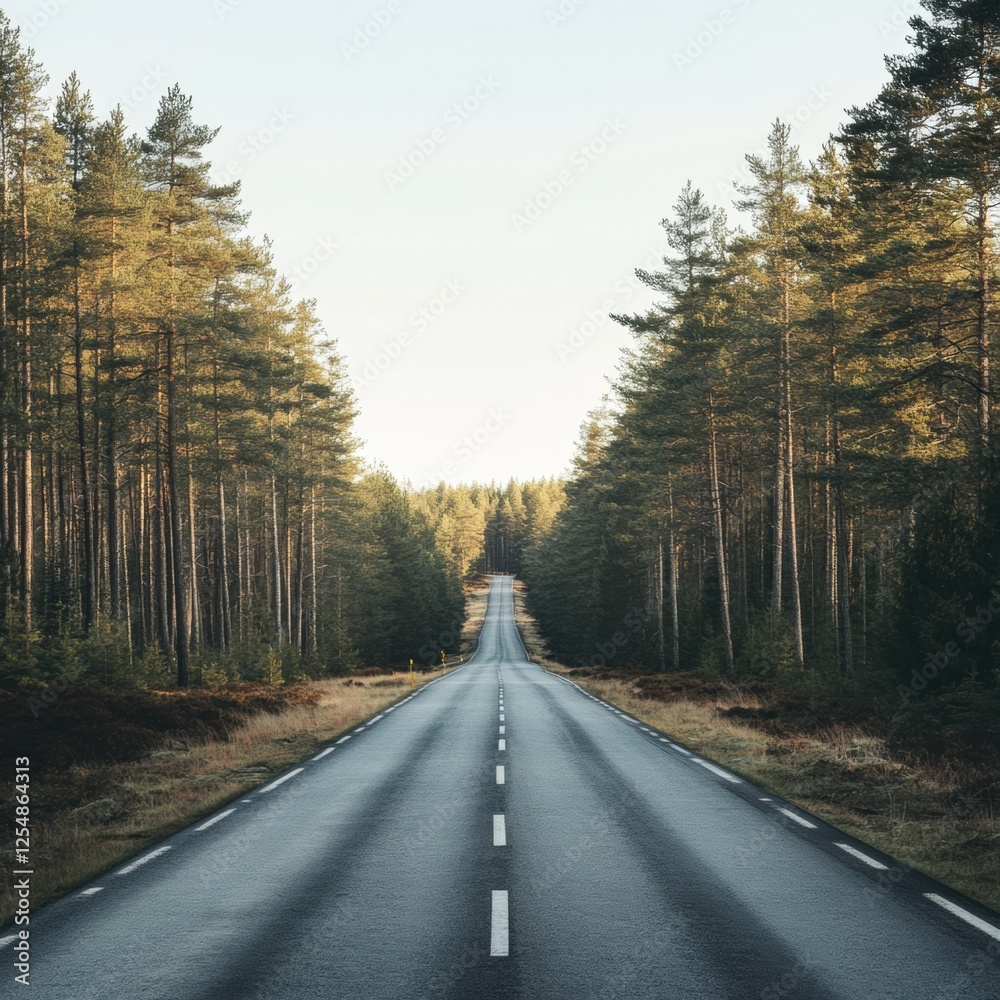 Straight road winding through a tranquil forest landscape under clear skies in the early morning light. Generative AI Straight road winding through a tranquil forest landscape under clear skies in the early morning light. Generative AI