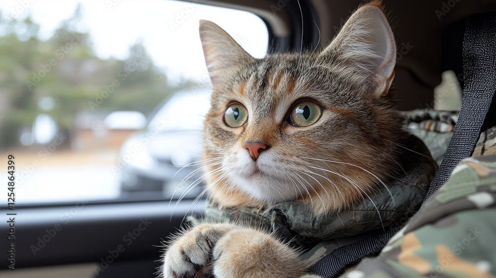 Cat in Car Seat, Looking Out Window, Winter Day Cat in Car Seat, Looking Out Window, Winter Day