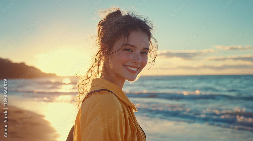 A girl posing on the beach standing, smirk on her face, bright equal lighting 