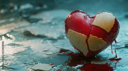 This powerful image captures a cracked egg heart, symbolizing the delicate balance between love and suffering. The smashed egg on the ground, with its rich red interior against the stark white shell,