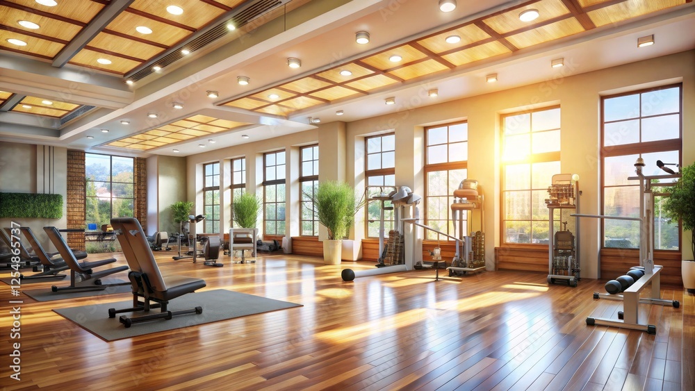 Modern Bright Fitness Gym Interior with Natural Light and Equipment Modern Bright Fitness Gym Interior with Natural Light and Equipment