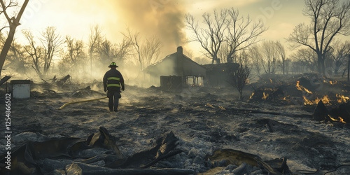 Eaton Fire Destruction: Charred Landscape with Lone Firefighter and Collapsed House photo