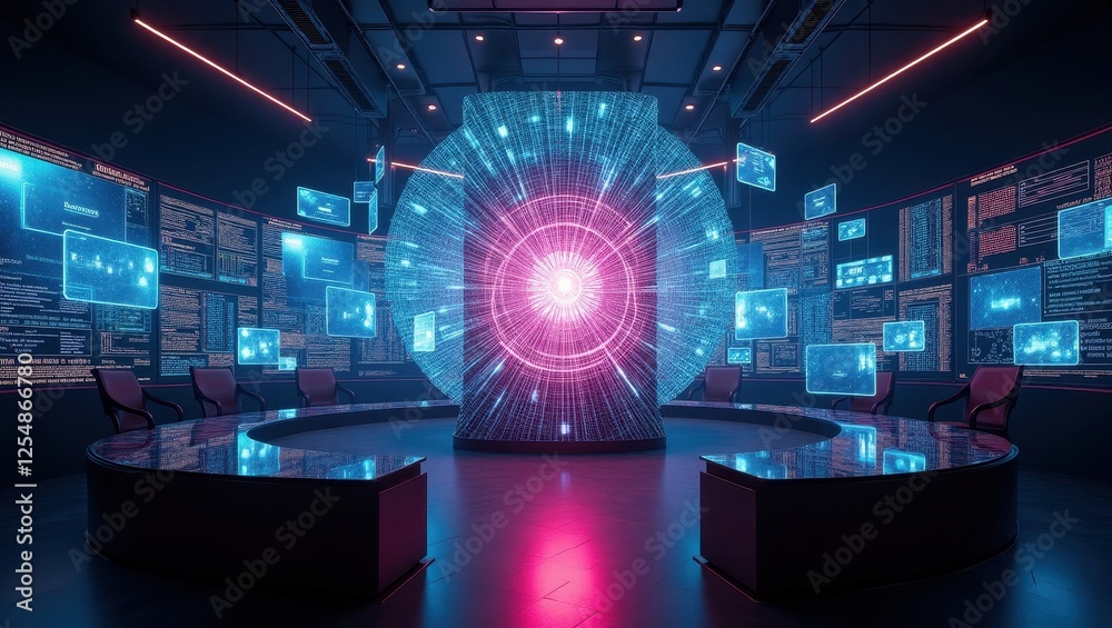 Obraz premium Quantum AI technology displayed in a futuristic lab with glowing screens and interactive interfaces showcasing advanced data processing capabilities