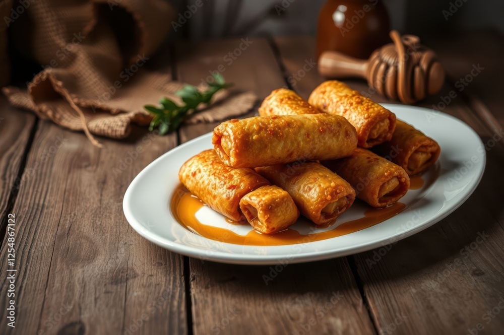 Delicious Honey-Drizzled Spring Rolls on Wooden Table Delicious Honey-Drizzled Spring Rolls on Wooden Table