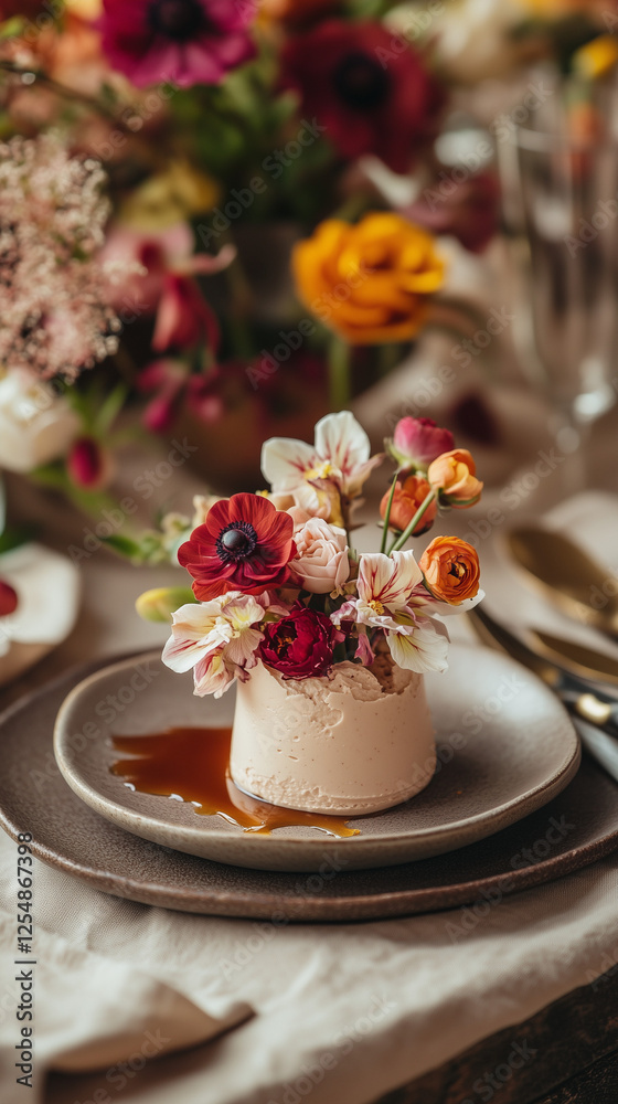 A fine dining table setup featuring a single-serving mocha mousse plated with edible flowers and caramel drizzle