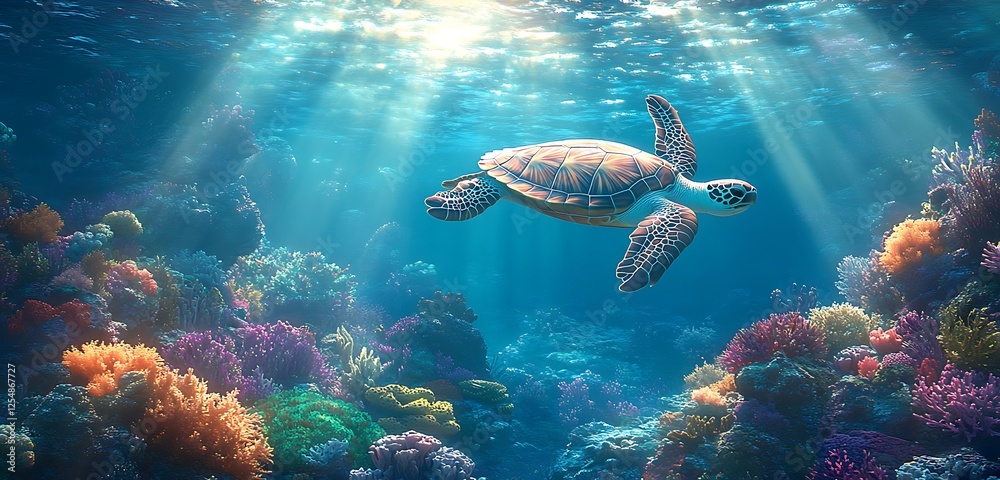 Fototapeta premium Tranquil Tortoise Underwater With Clear Sea Water