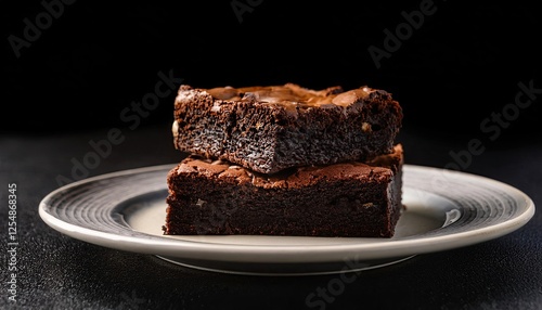 Chocolate cake on white plate on a black background