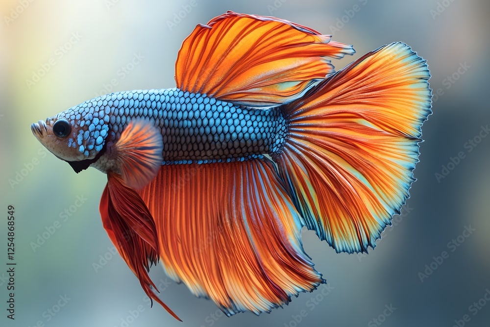 Fototapeta premium Colorful Betta Fish with Vibrant Fins on Soft Blue Gradient Background