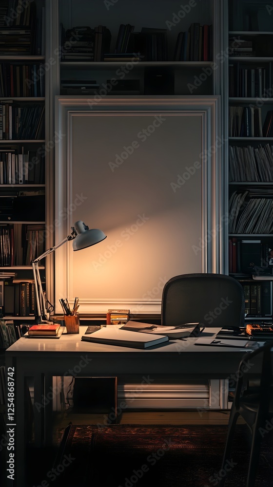 A mysterious, moody reading space with warm desk lighting and a large white frame. A mysterious, moody reading space with warm desk lighting and a large white frame.